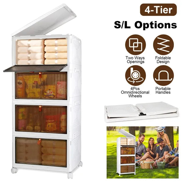 4-Tier Foldable Stackable Storage Bins with Lids and Magnetic Front Doors - Main Front View