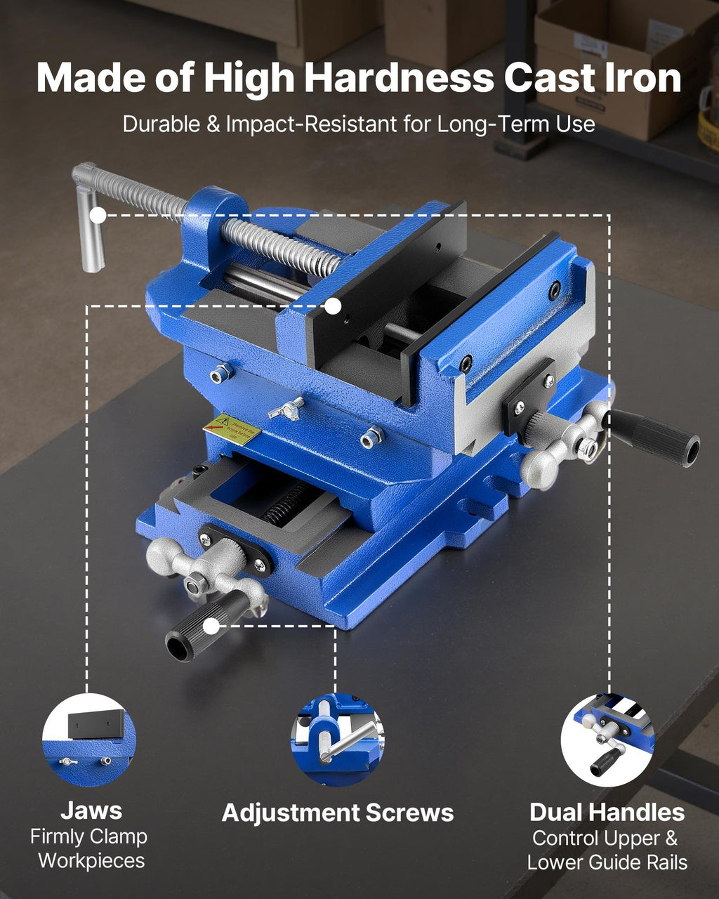 Cross Slide Drill Press Vise 4 Inch Jaw Width 2 Way Axis Bench Opening - Angle and Detail View