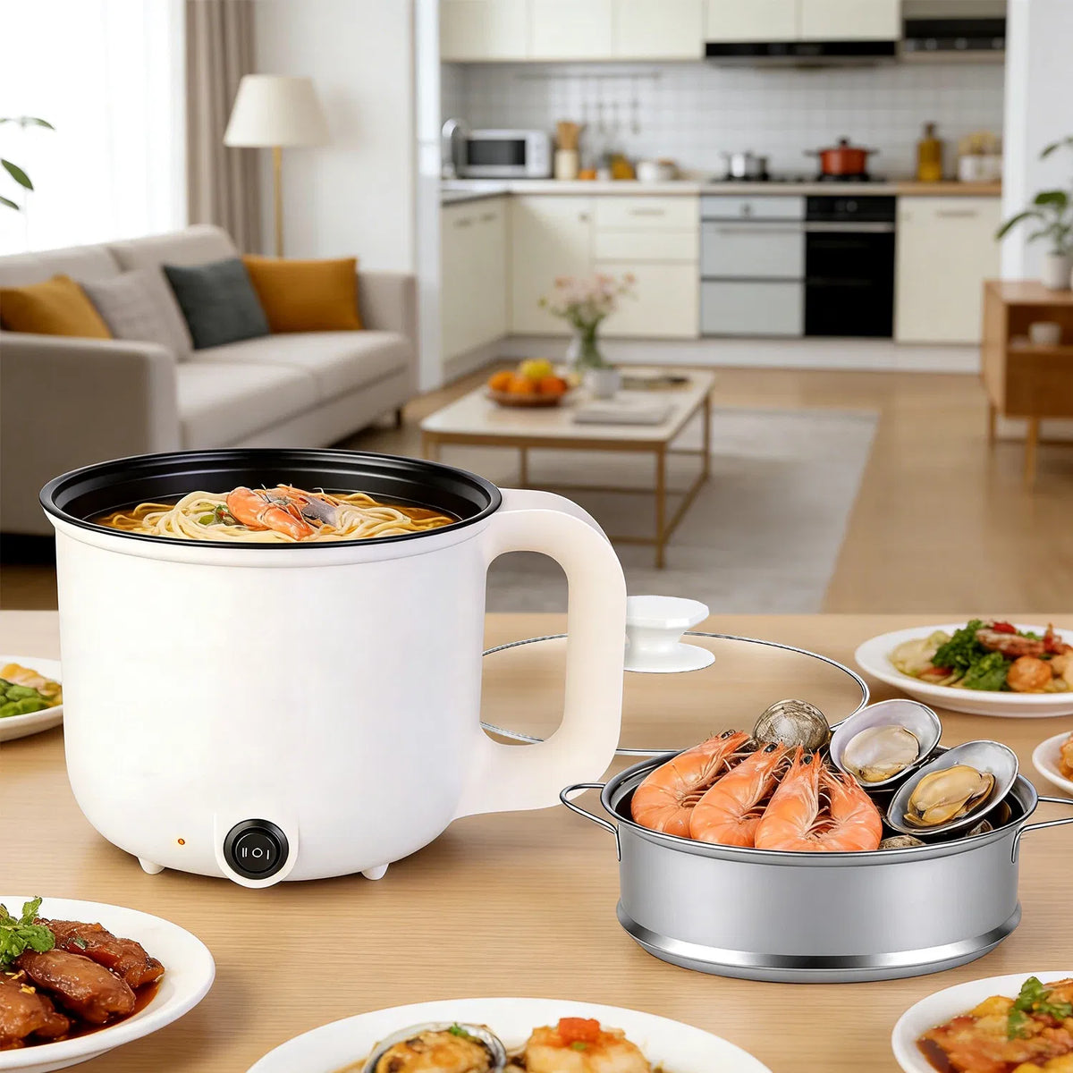 Electric Hot Pot with Steamer 1.8L Mini Portable Hot Pot with 300W 600W Dual