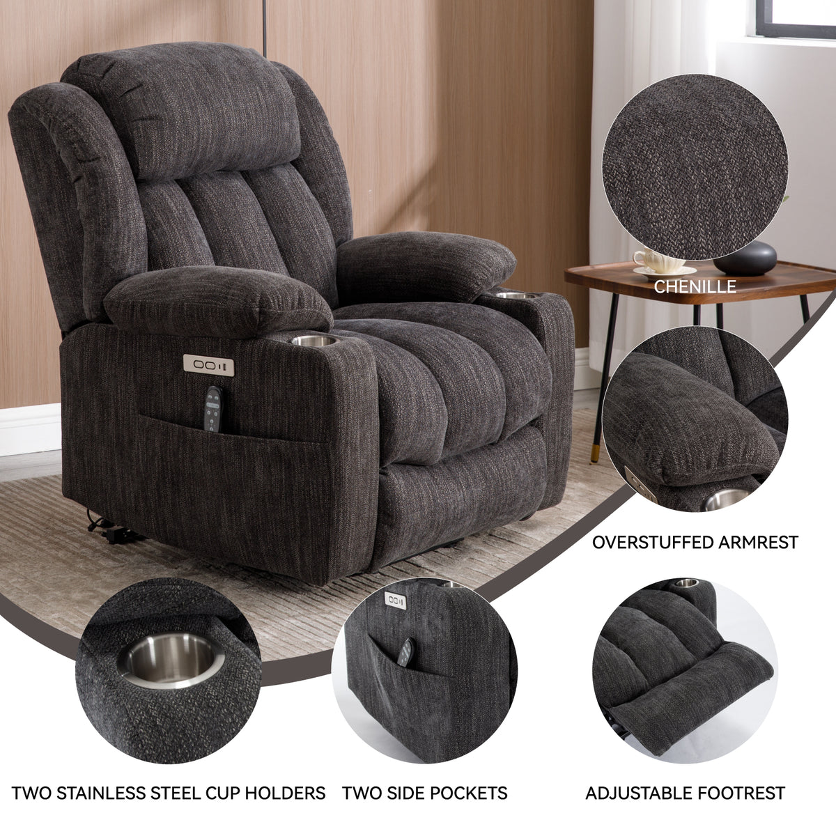 Up to 350 LBS Chenille Power Lift Recliner Chair Heavy Duty Motion Mechanism - Image 5