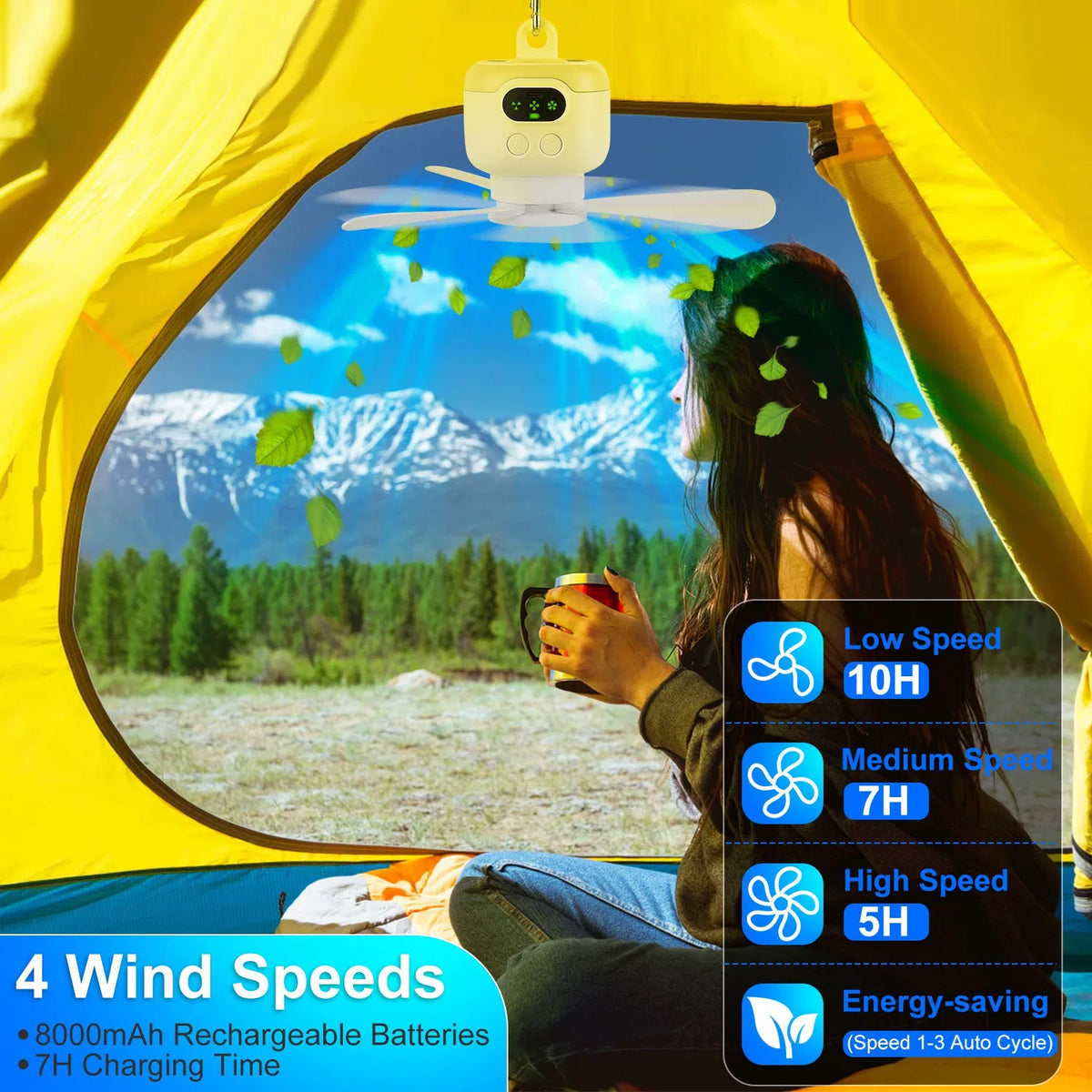 2 In 1 Portable Camping Fan with LED Lantern 8000mAh Battery Powered Tent Fan - Image 4