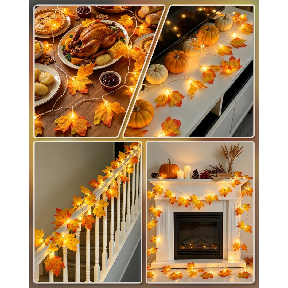 2 Pack Lighted Fall Garland 16.4ft Total 40 LED Autumn Maple Leaf String - Image 5