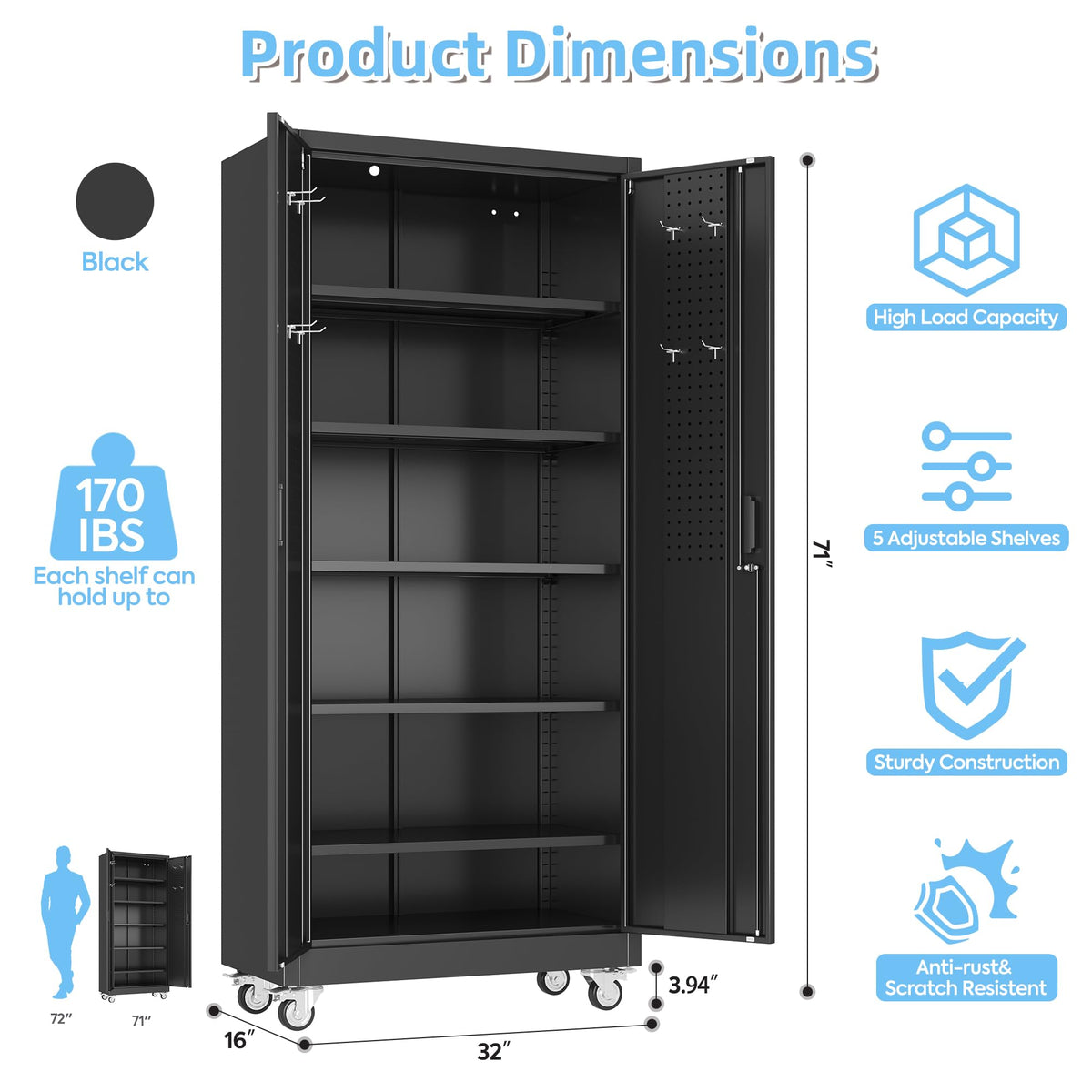 Aobabo Black Metal Garage Storage Cabinet With Wheels 34inchW X 18inchD X - Image 4
