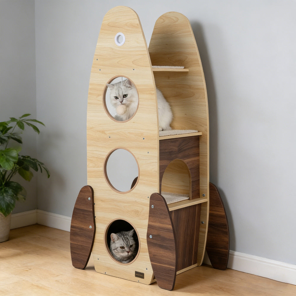 Rocket Cat Tree 47 Inch Large Wooden Cat Tower For Indoor Cats Sisal Scratching - Image 4
