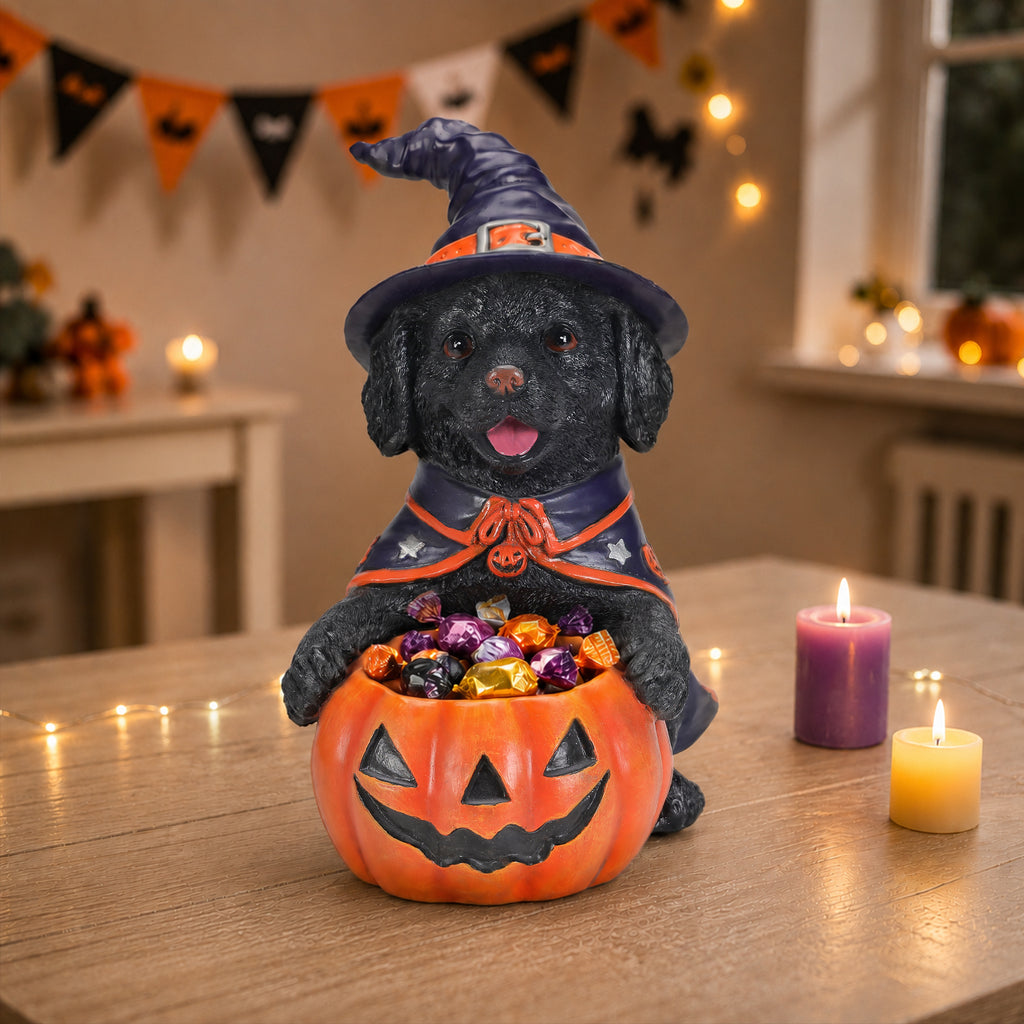 Halloween Black Labrador Retriever Witch Puppy Figurine Cute Dog Holding - Image 5