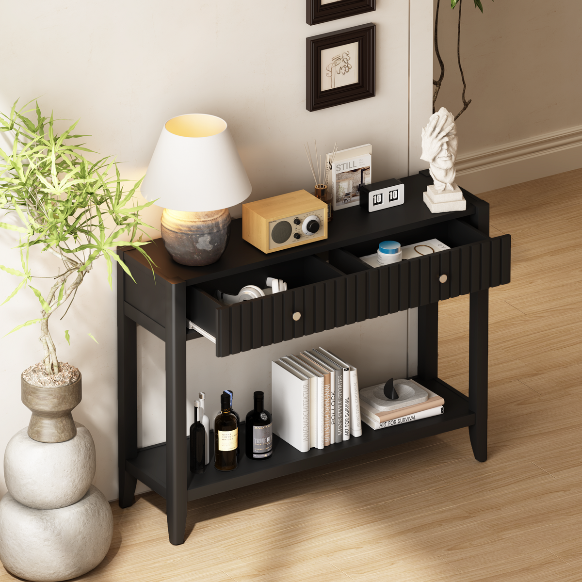 Black Narrow Console Table with Drawers and Storage Shelf