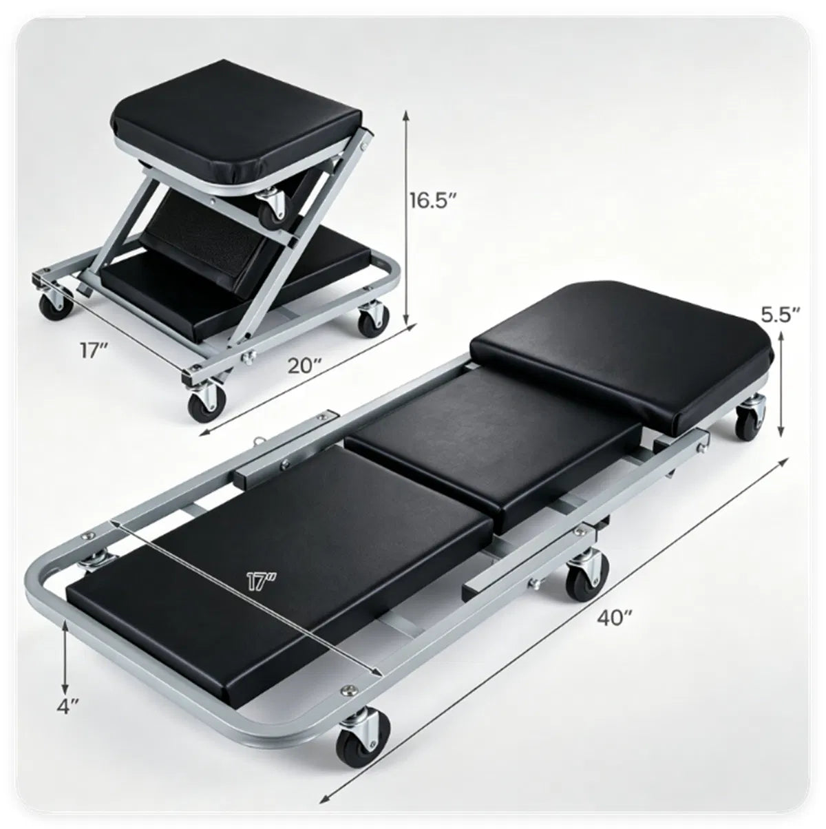 40" 2 in 1 Mechanic Creeper Seat with 360 Swivel Casters Heavy Duty Metal - Image 3