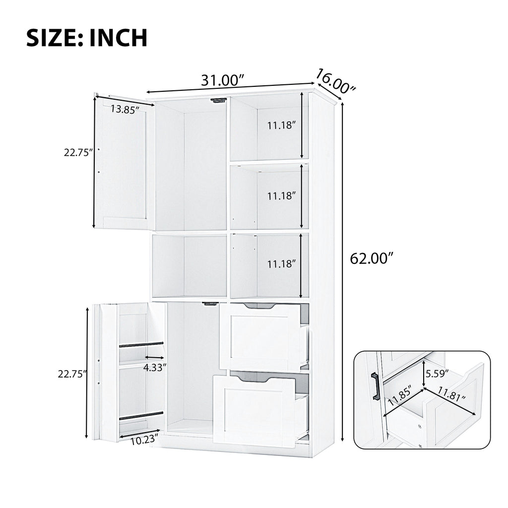 Tall White Bathroom Storage Cabinet with Drawers and Shelves
