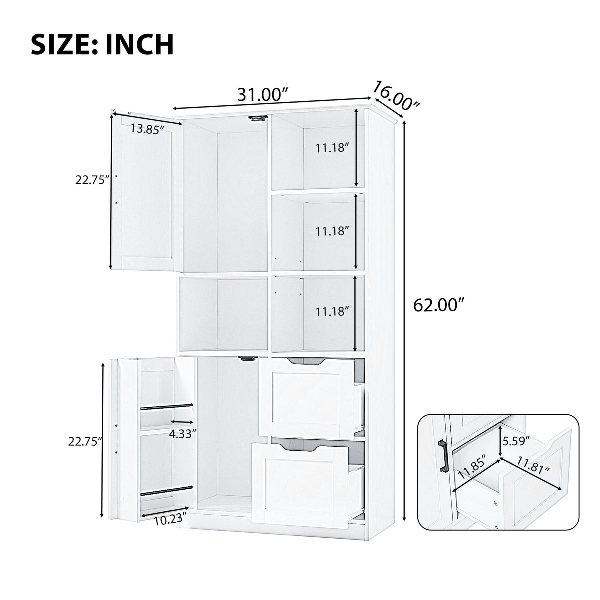 Tall White Bathroom Storage Cabinet with Drawers and Shelves