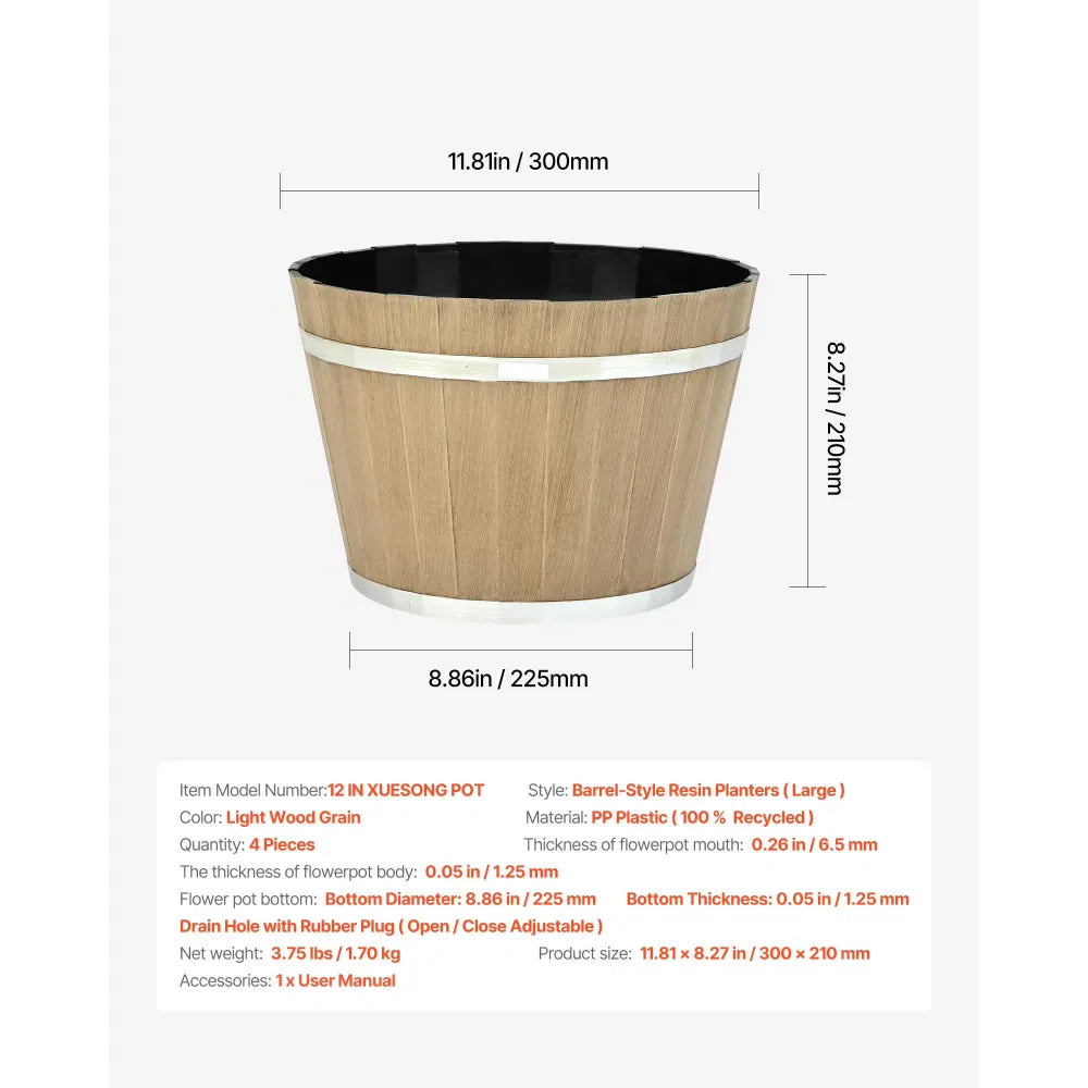 Set of 4 Large 11.81 inch Whiskey Barrel Style Planters with Drainage Holes - Image 3