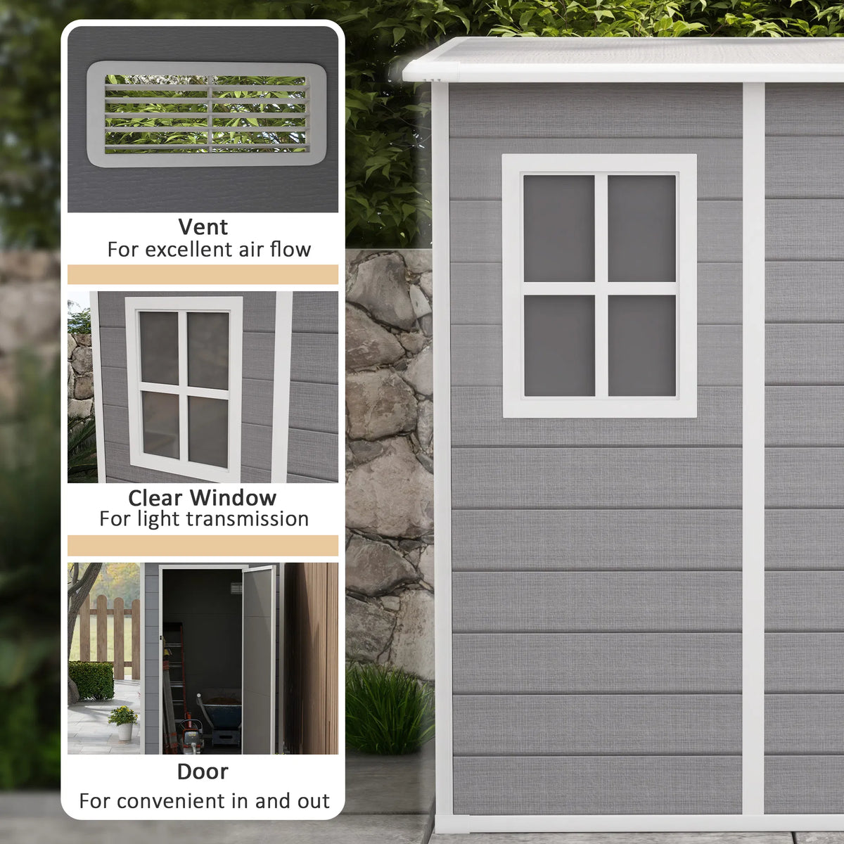 4'x5' Garden Tool Storage Shed Lean to Shed with Window Vent and Plastic Roof Grey - Image 2