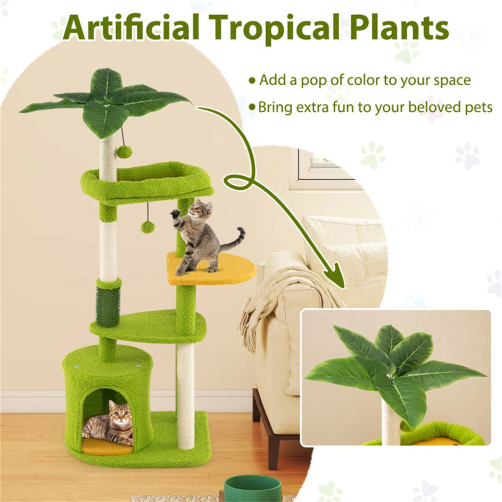 48" Cat Tree with Tropical Leaves Self Groomer & Scratching Posts - Image 2