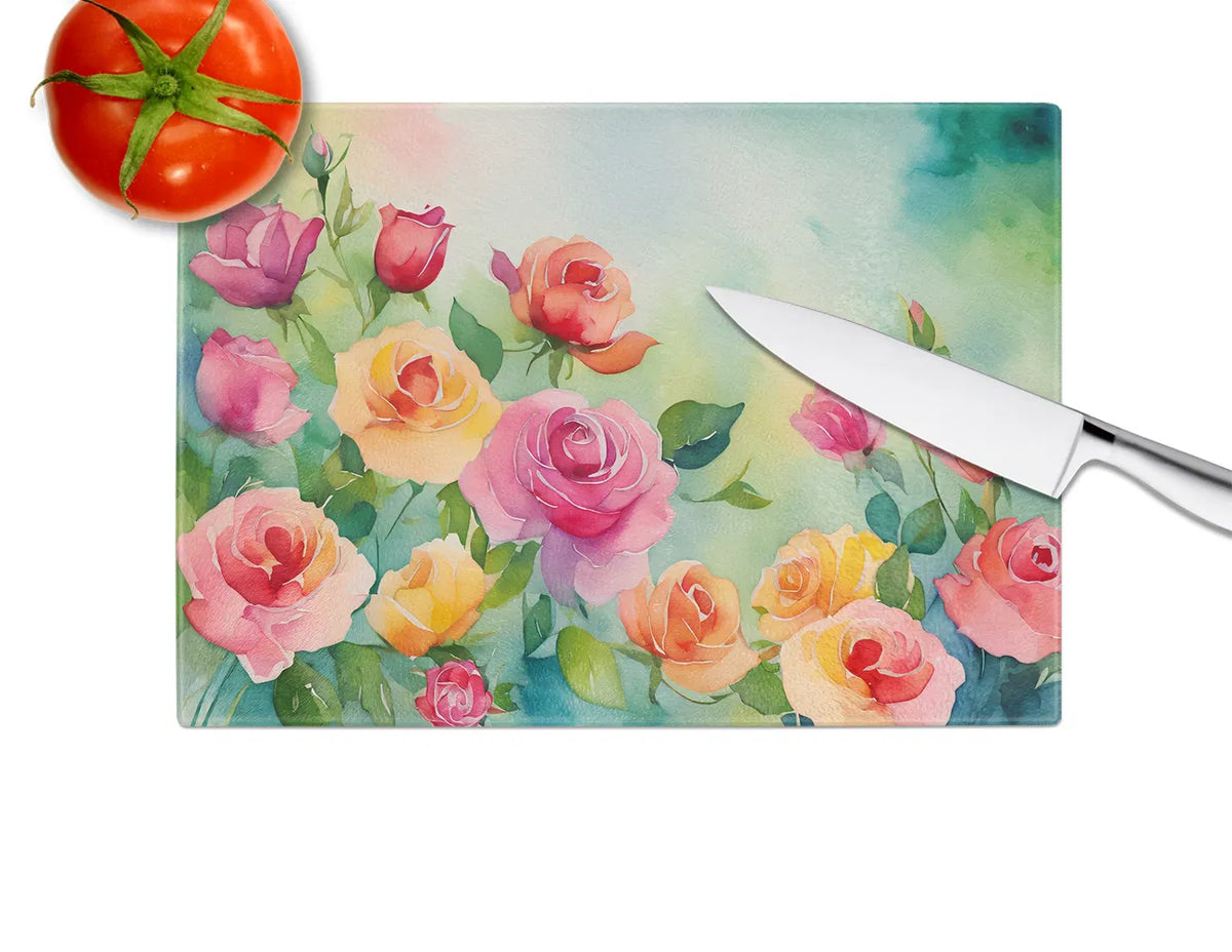 NEW Roses In Watercolor Glass Cutting Board Decorative Tempered Kitchen - Image 3