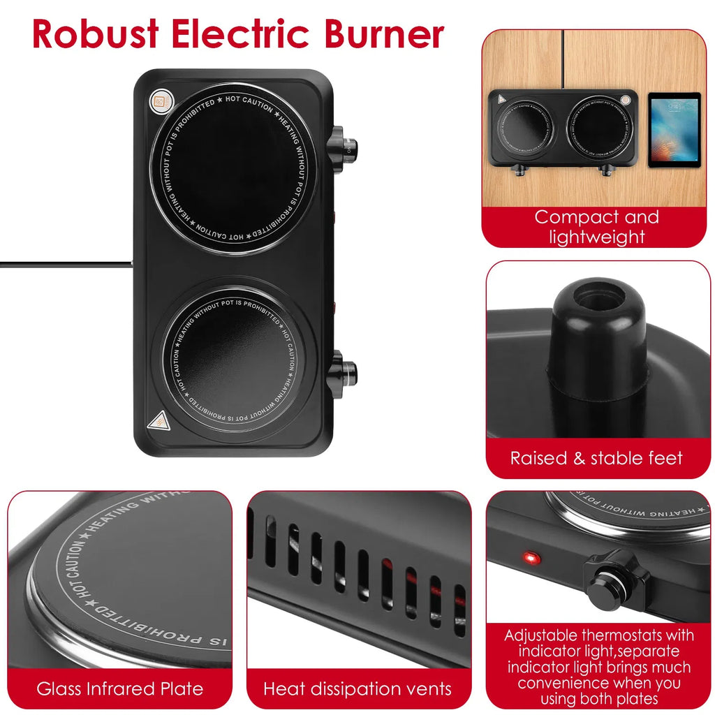 Infrared Dual Burner Hot Plate 1000W & 800W Glass Plates Quick/Even Heating - Image 2
