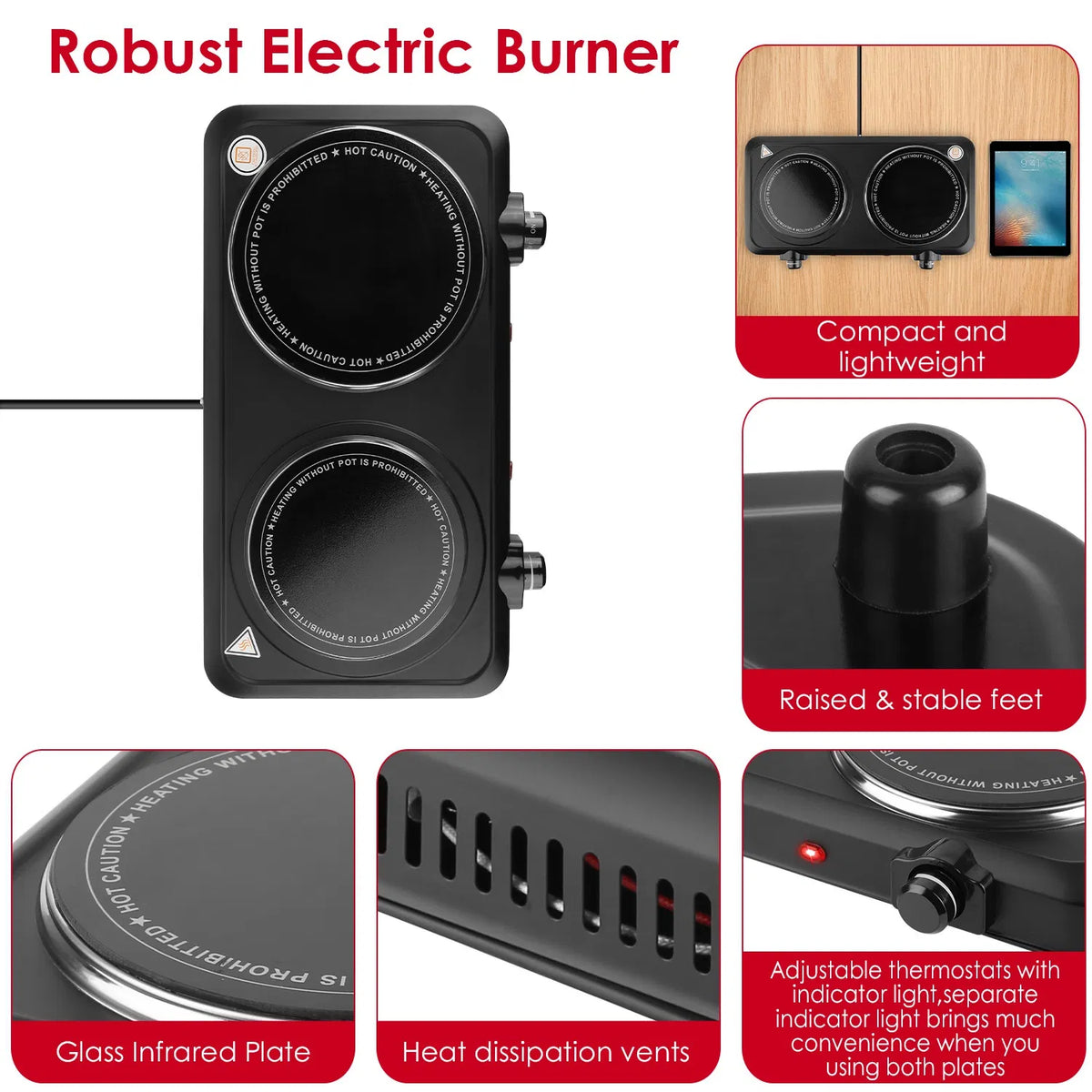 Infrared Dual Burner Hot Plate 1000W & 800W Glass Plates Quick/Even Heating - Image 2