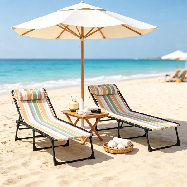 Striped 2 Folding Outdoor Lounge Chairs For Beach Camping Use Pillow Mesh & - Image 3