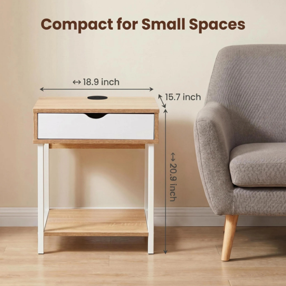 White Oak Grain Side Table Nightstand With Drawer And Shelves Living Room Sofa - Image 2