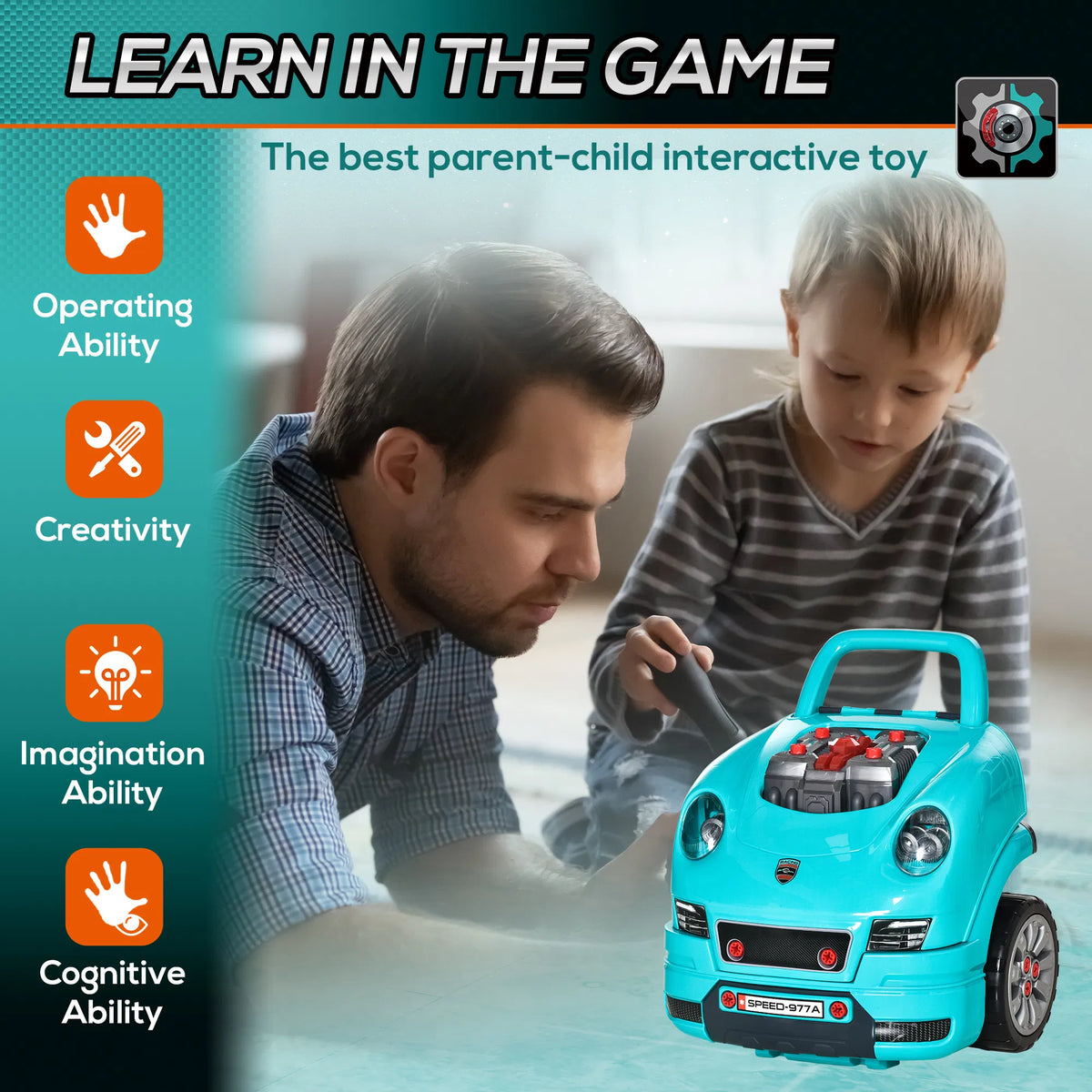 Mechanic Kids Truck Engine Toy Set Car Service Play Set Teal - Image 2