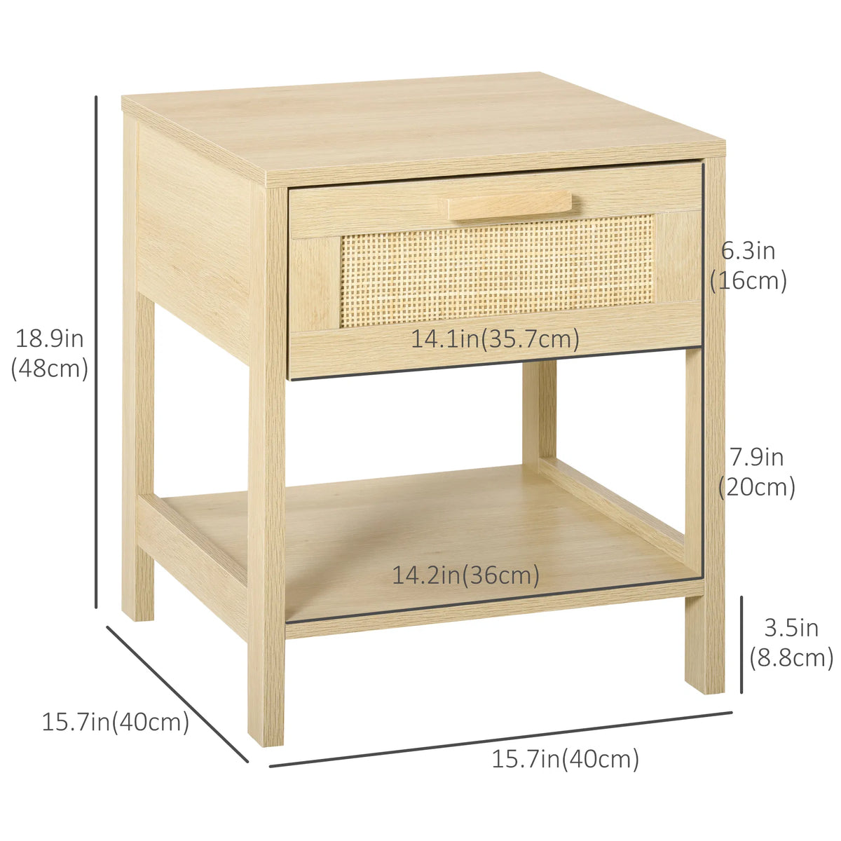 Narrow Nightstand with Rattan Elements Bedside Table with Drawer and Storage - Image 3