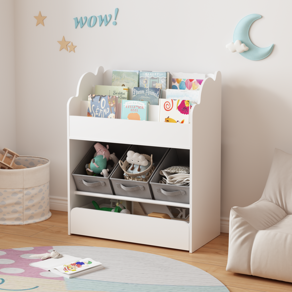 Compact nursery bookshelf and toy organizer