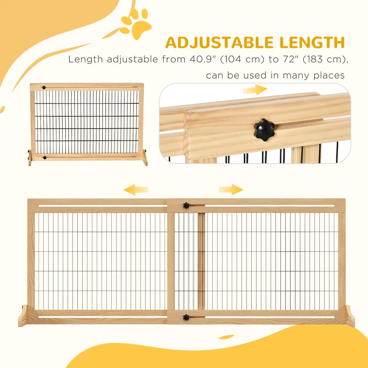 41" 72" Wooden Freestanding Pet Gate with Support Feet for Small Medium Dogs