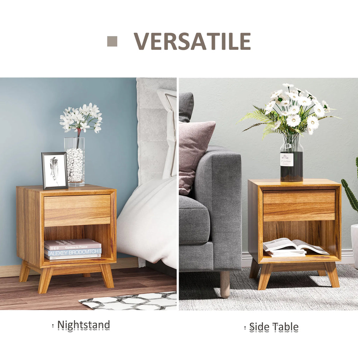Bedside Table for Bedroom Nightstand with Drawer and Shelf Modern Side End - Image 2