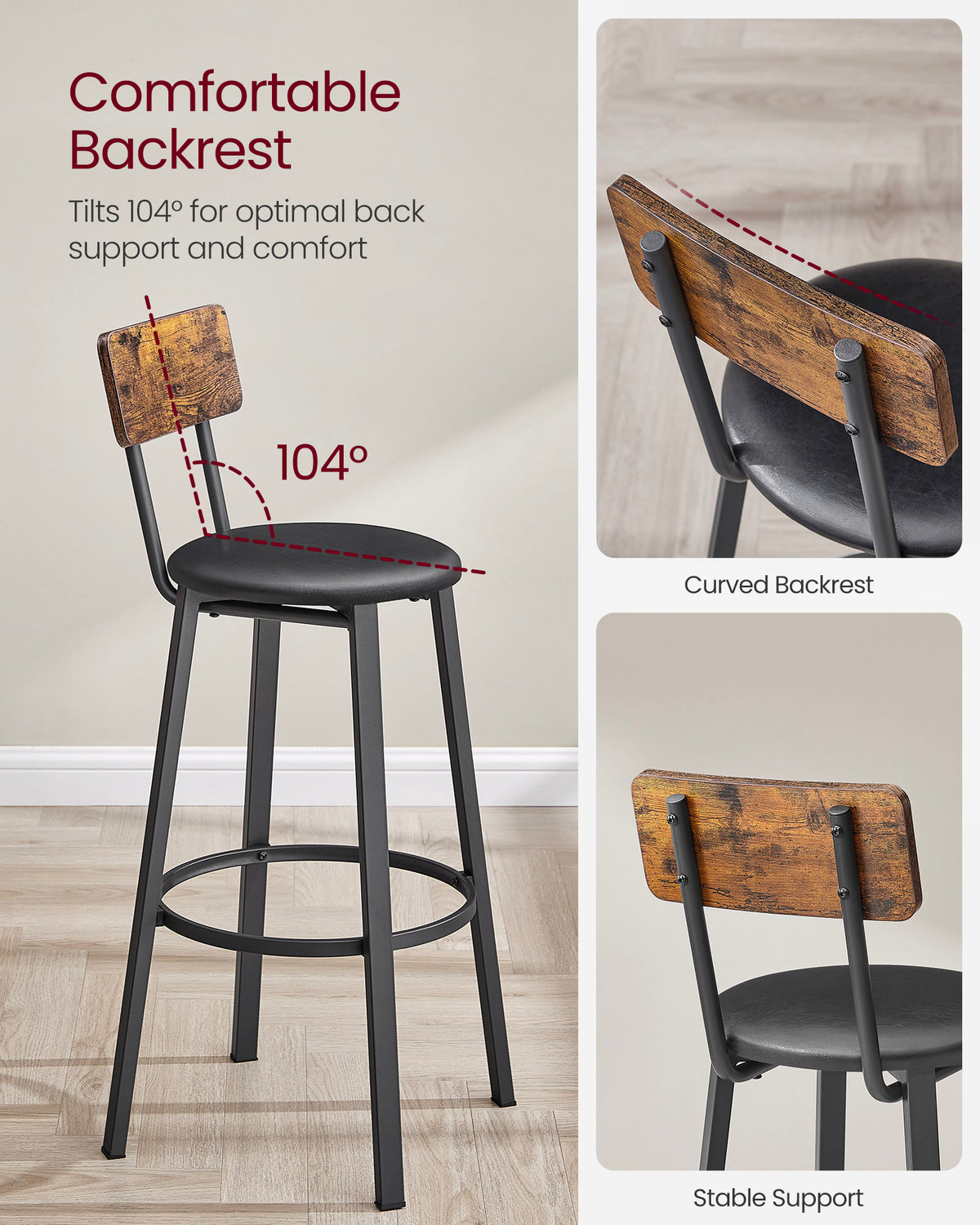 VASAGLE Bar Stools Set Of 2 Bar Stools PU Cover With Footrest Easy Assembly - Image 2