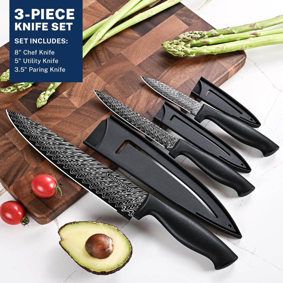 3 Piece Kitchen Knife Set With Blade Covers Black Damascus Pattern Nonstick - Image 5