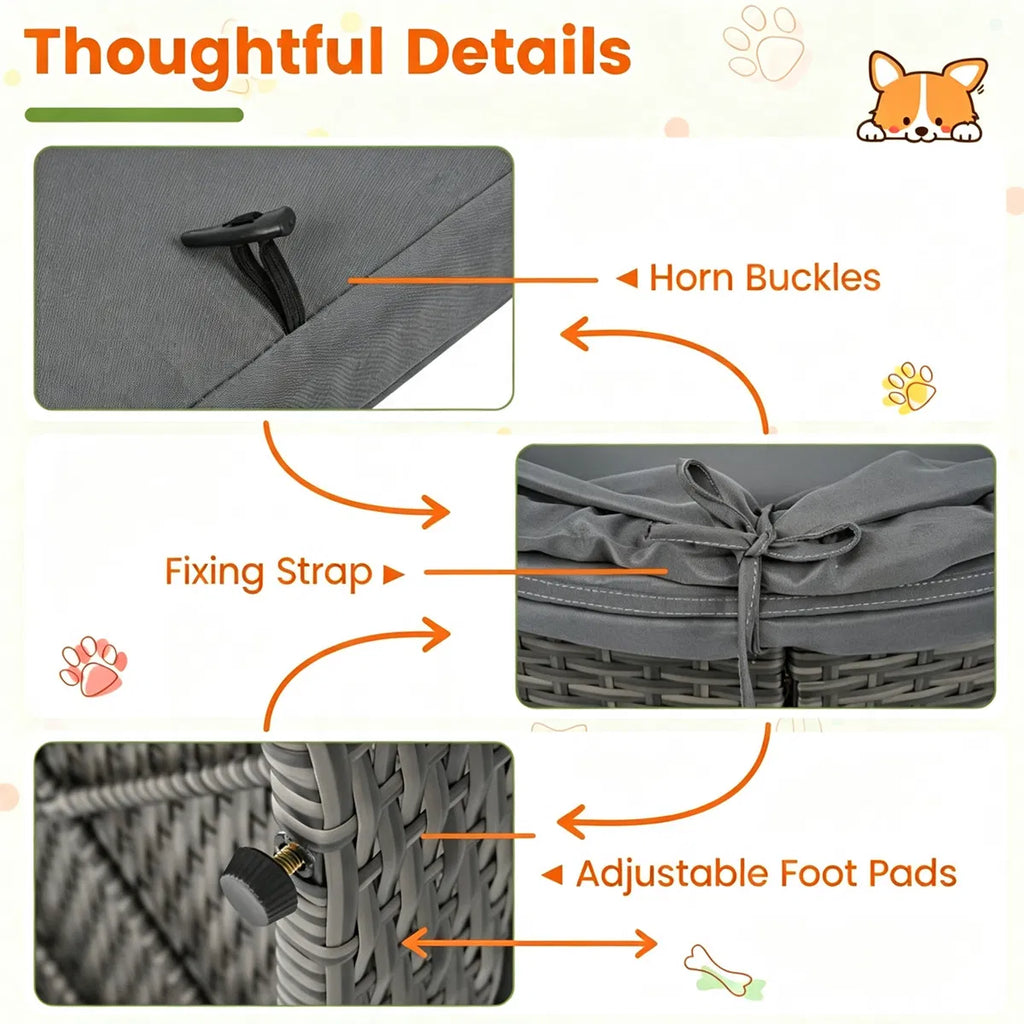 Gray Hand Woven PE Rattan Dog Bed with Adjustable Canopy Elevated Outdoor Pet - Image 3