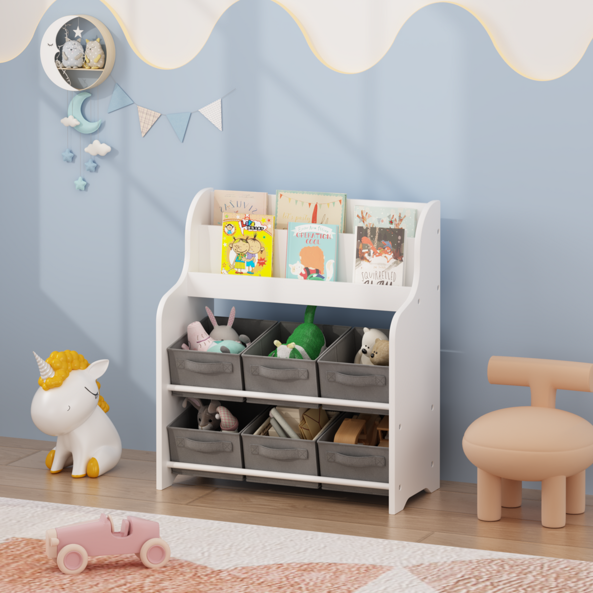 Children's Multi-Bin Toy Organizer Shelf with 6 Storage Bins - Opening and Closure Mechanism Detail