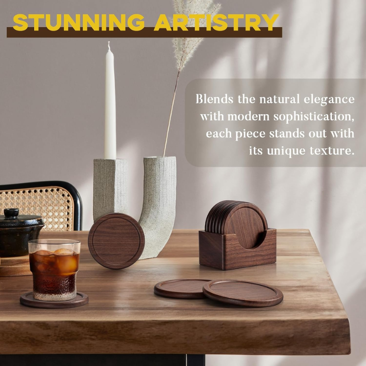 6 Piece Wooden Coaster Set With Holder Natural Wood Drink Coasters For Coffee - Image 5