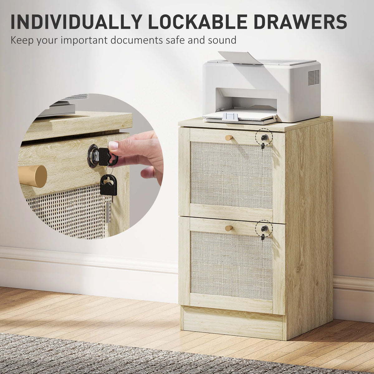 2 Drawer Filing Cabinet with Lock Boho File Cabinet for A4 Letter Size Files - Image 2