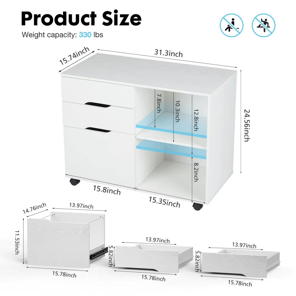 3 Drawer File Cabinet with Wheels Rolling Wood Printer Stand with - Image 3