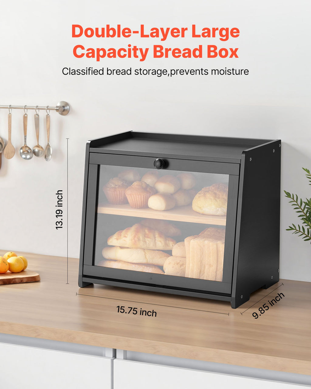 Double Layer Bread Box For Kitchen Counter Bamboo Storage Container Black - Image 3