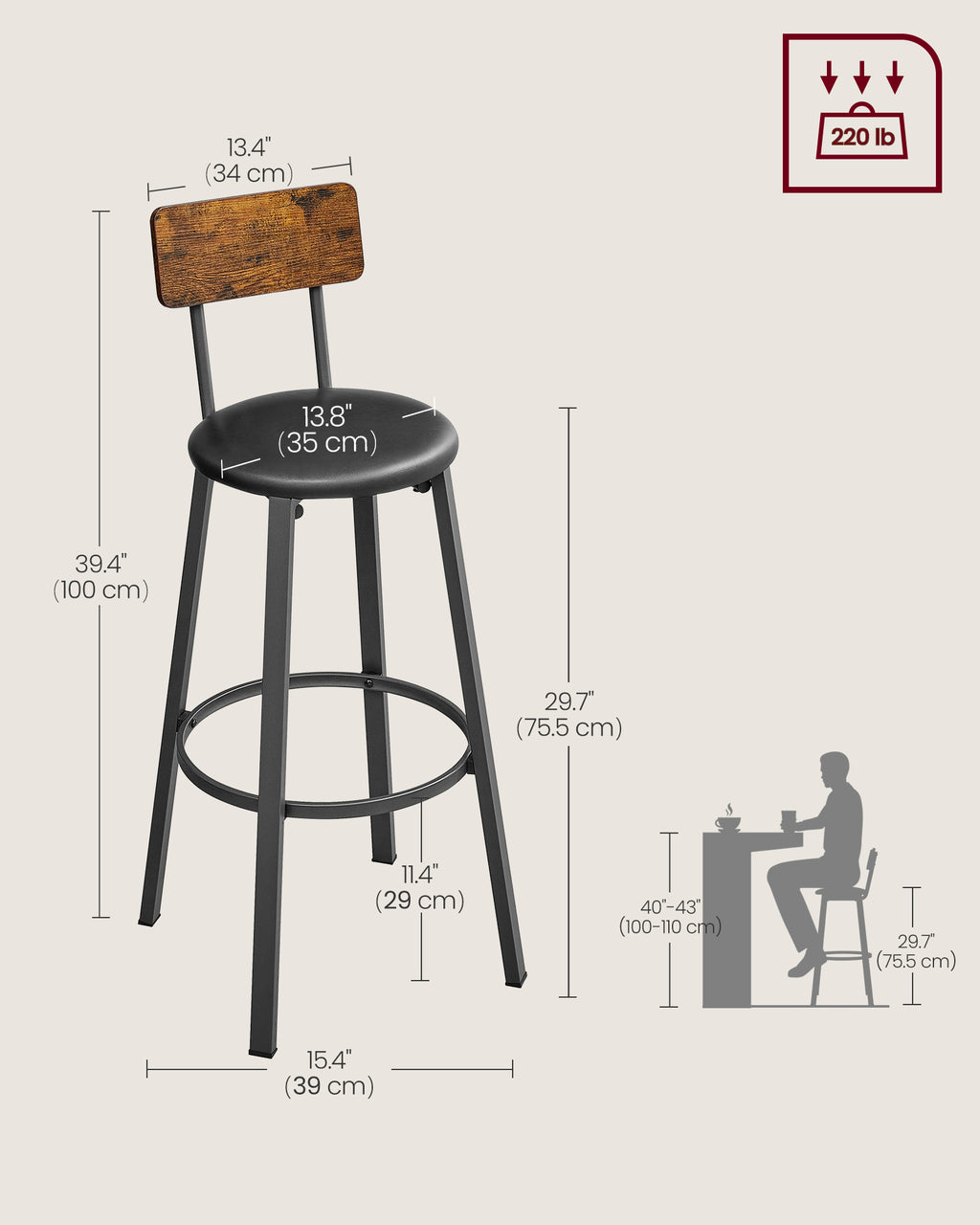 VASAGLE Bar Stools Set Of 2 Bar Stools PU Cover With Footrest Easy Assembly - Image 5