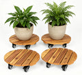 Set of 4 Natural Finish Wooden Plant Pot Mover Portable Round Plant Stand with