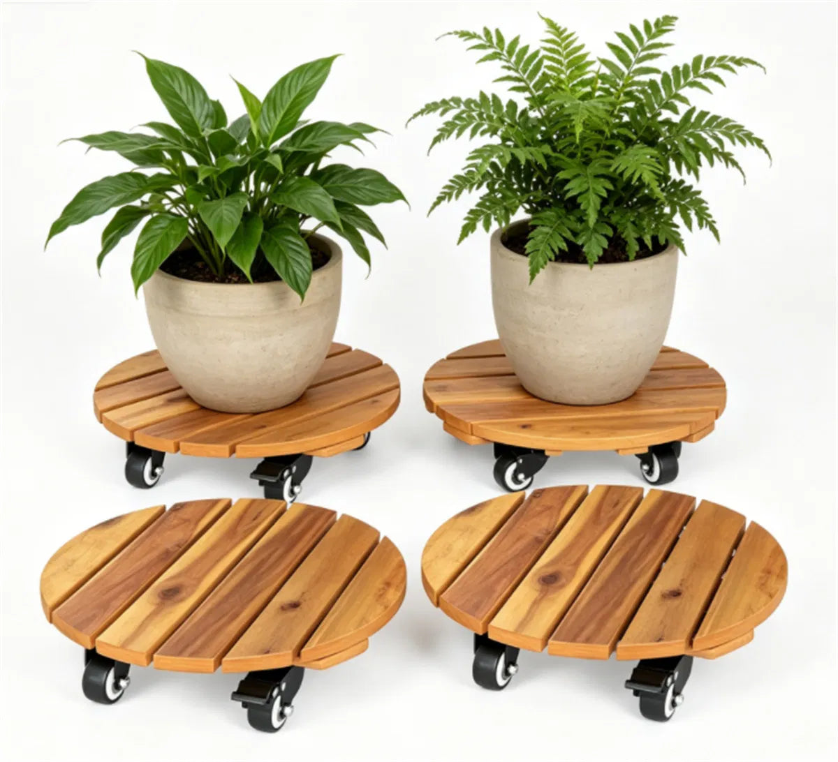 Set of 4 Natural Finish Wooden Plant Pot Mover Portable Round Plant Stand with