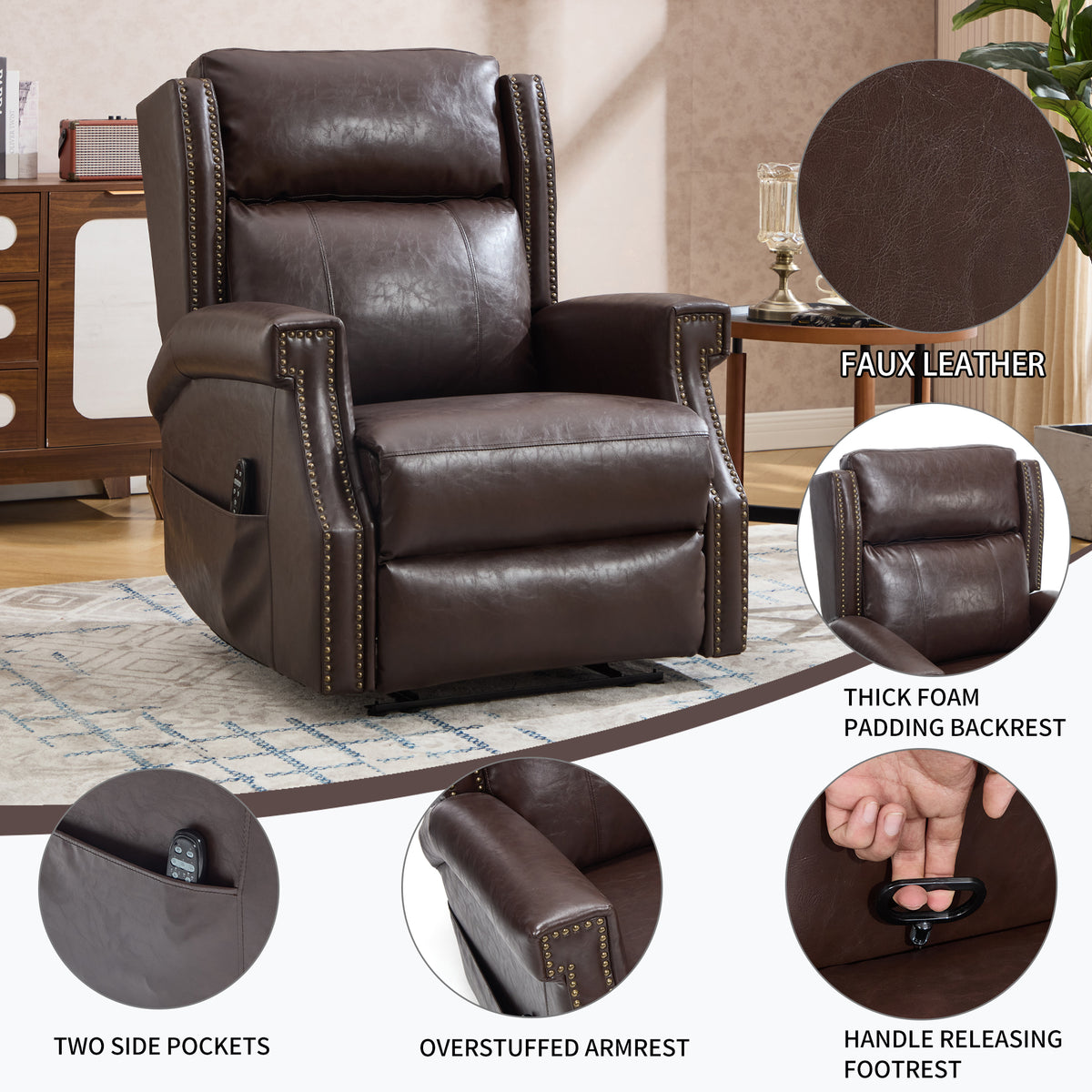 Brown Manual Recliner Chair in Faux Leather for Living Room with Heavy Duty - Image 5