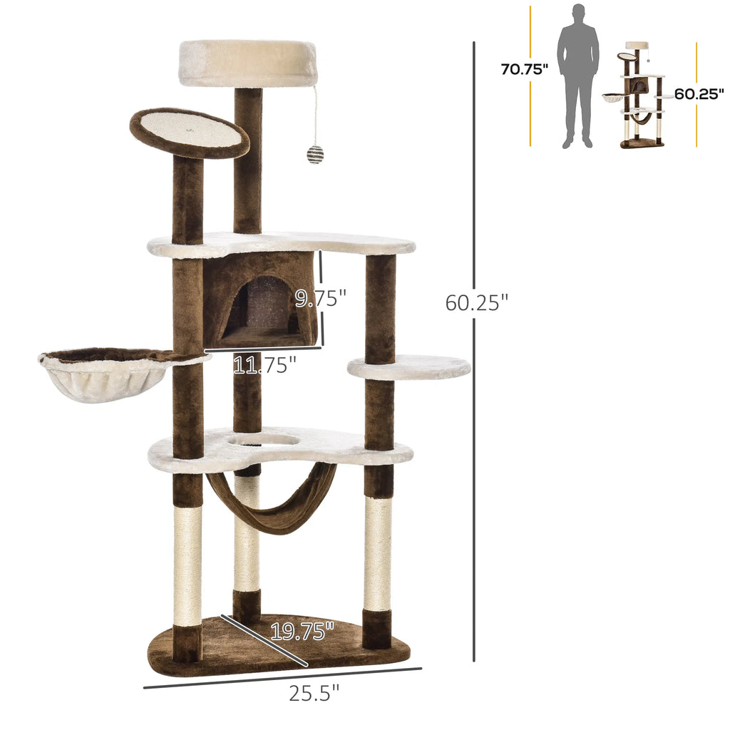 60" Cat Scratching Tree Cat Bed Condo Post House Pet Furniture Toys Brown & Beige - Image 4