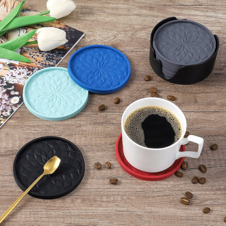 6 Piece Olive Green Silicone Coaster Set With Holder Thick Non Slip Cup Mats - Image 5
