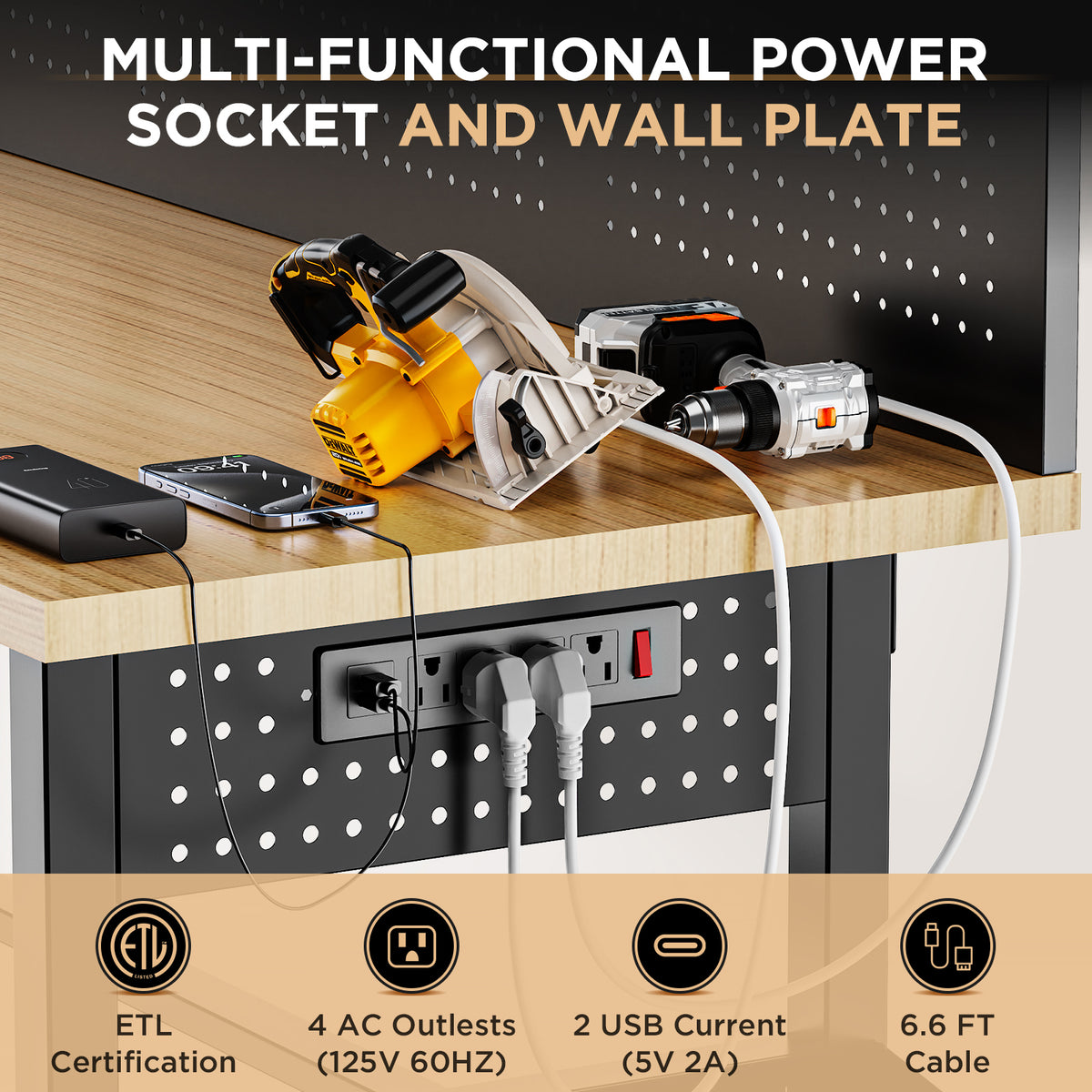 60 Inch Workbench with Drawers Solid Wood Top and Built In Power Strip - Angle and Detail View