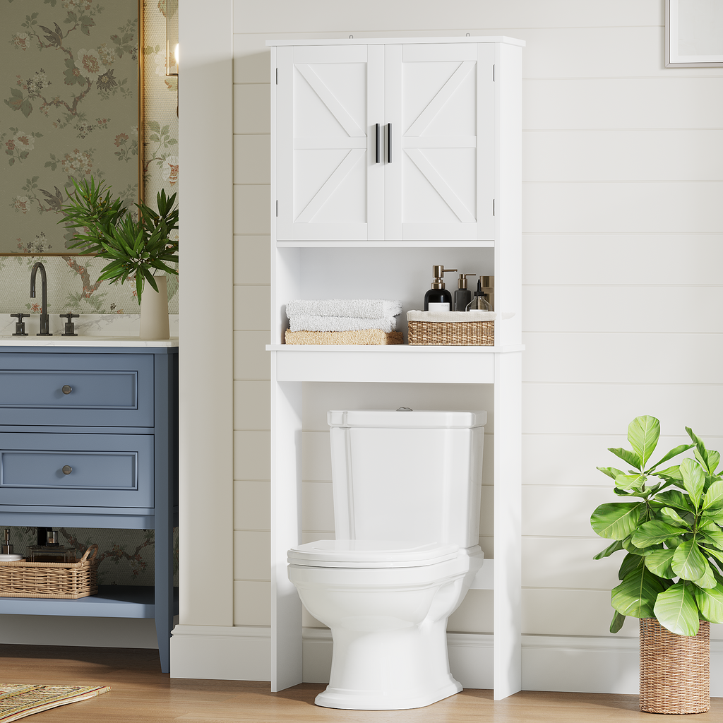 Over The Toilet Storage Cabinet With Adjustable Shelf Bathroom Space Saver - In-Use and Feature Display