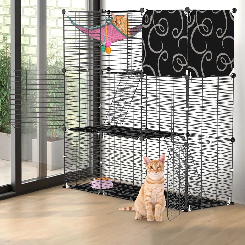 3 Level Metal Cat Cage Enclosure Modular Pet Habitat with 3 Doors 2 Ladders - Image 2