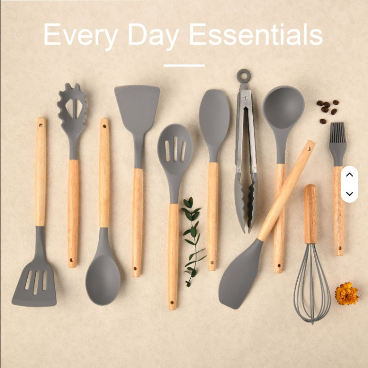Non Stick Silicon 12 Pcs Heat Resistant Wooden Handle Kitchen Cooking - Image 6