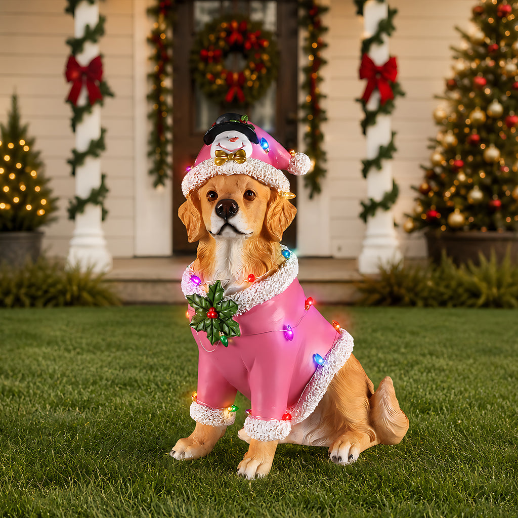 Christmas Golden Retriever Statue Holiday Dog Figurine in Pink Santa Outfit - Image 3