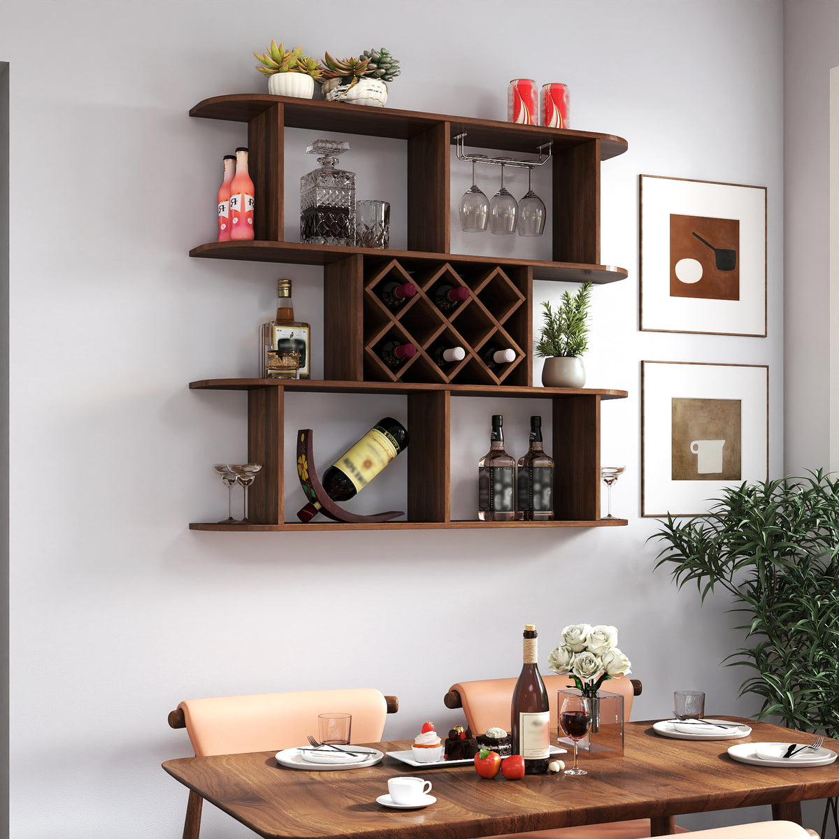 Large Wall Mounted 3 Tier Rustic Bottle Wine Rack Wooden Storage With Glass