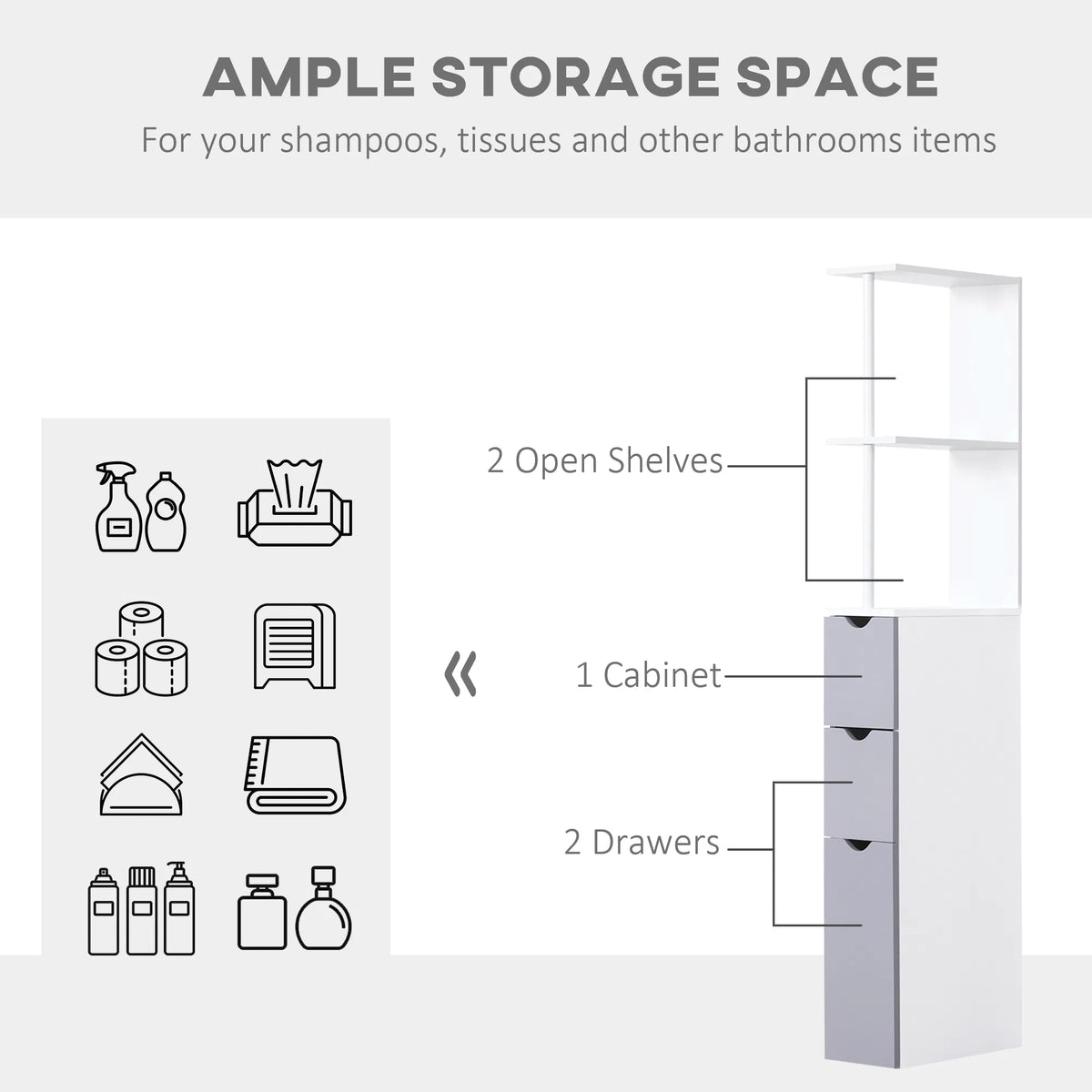 Tall Bathroom Storage Cabinet Narrow Bathroom Cabinet with Drawers and Open - Image 2