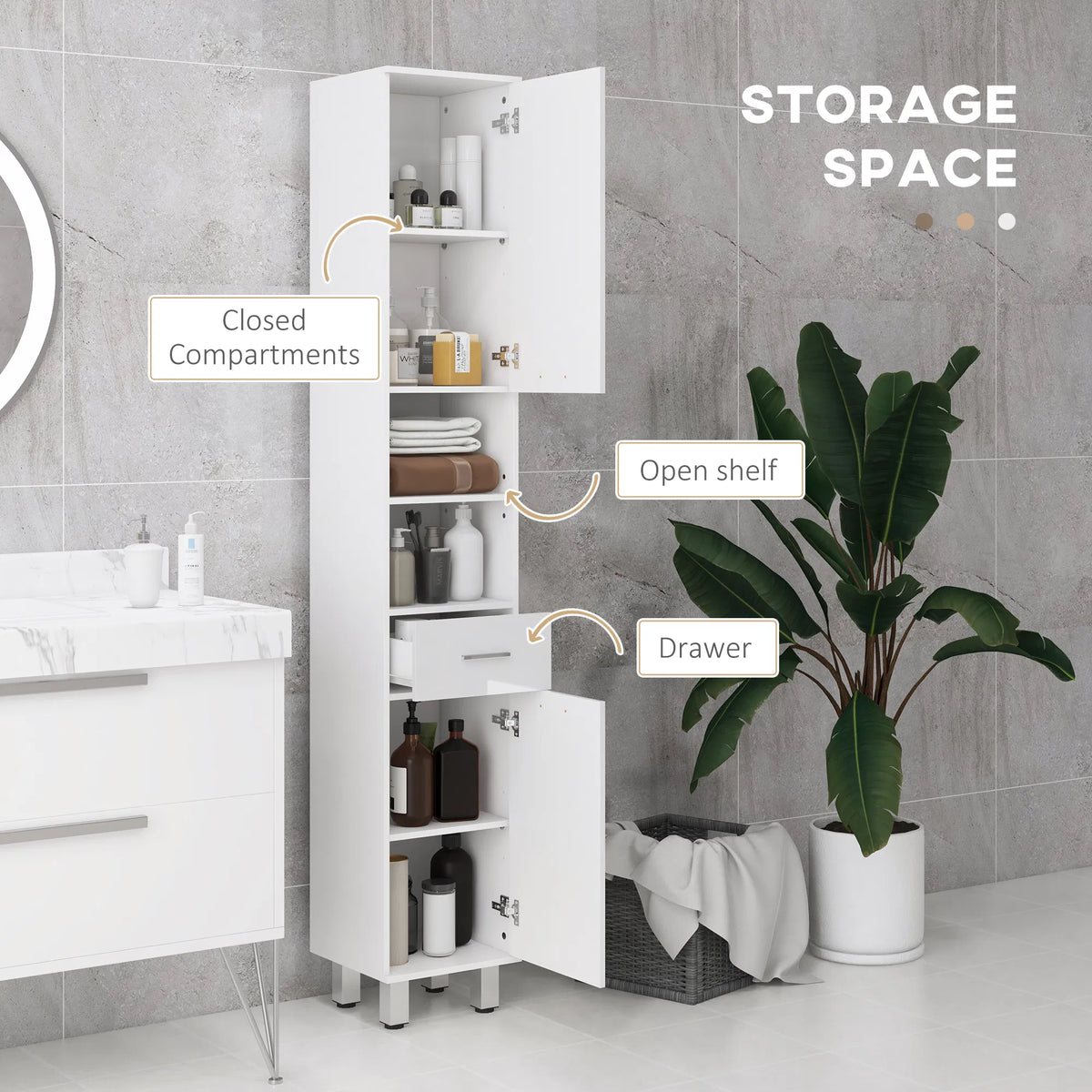 71" Tall Bathroom Storage Cabinet Narrow Linen Tower with Drawer Open - Image 5