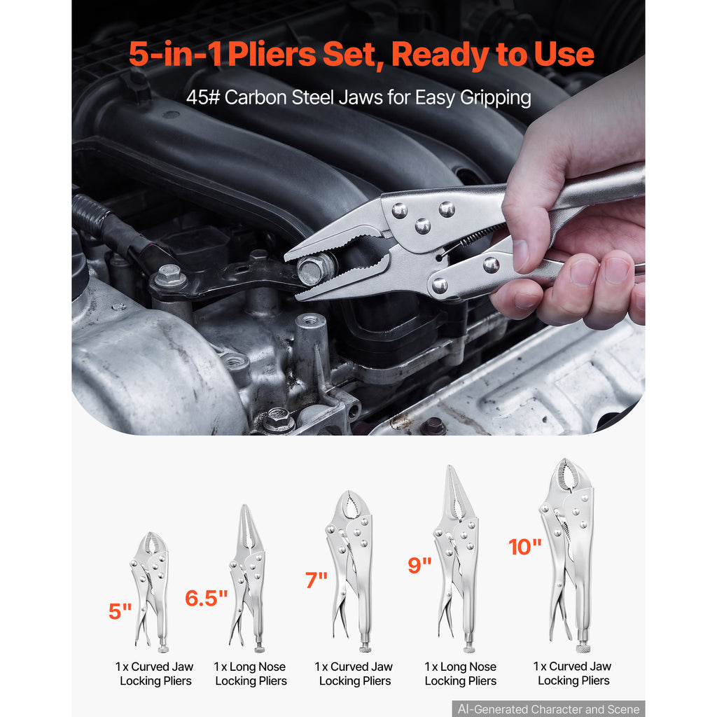Locking Pliers Set 5 Piece Pliers Tool Set Nickel Plated Carbon Steel Hand - Image 2