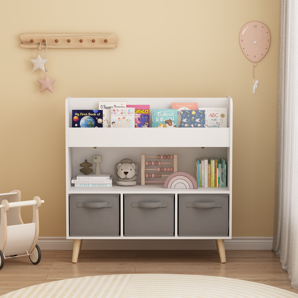 Kids Bookshelf with Three Fabric Storage Bins